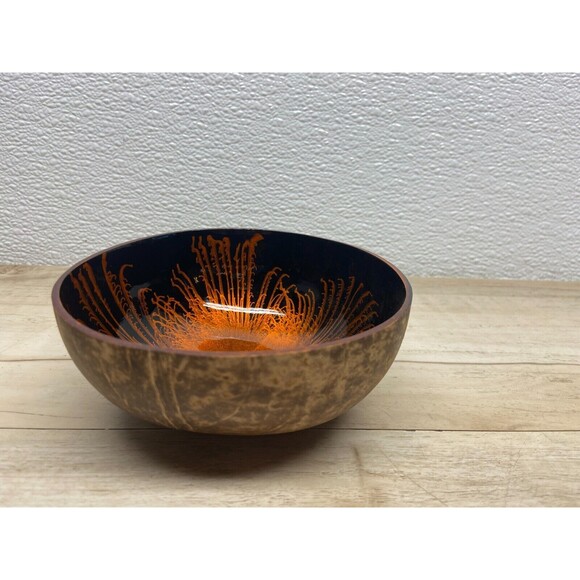 Coconut Shell Bowl Orange Splash Handmade And Painted - Picture 1 of 5